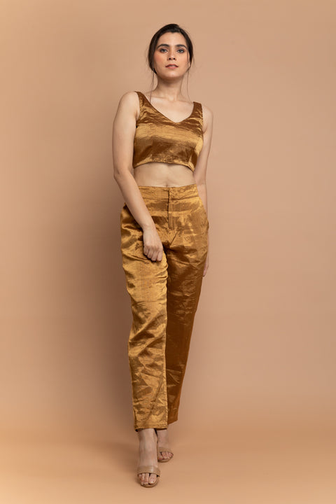 Shop Gold Zari Crop Top with High-Waist Pants in Handwoven Fabric | Vinusto