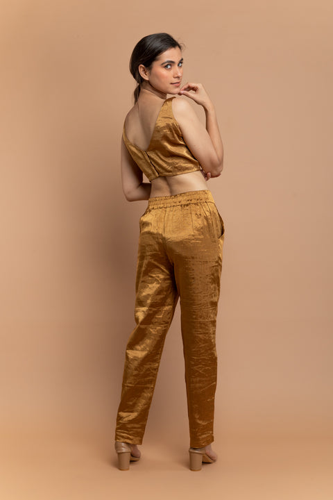 Premium Gold Zari Crop Top with High-Waist Pants in Handwoven Fabric | Vinusto