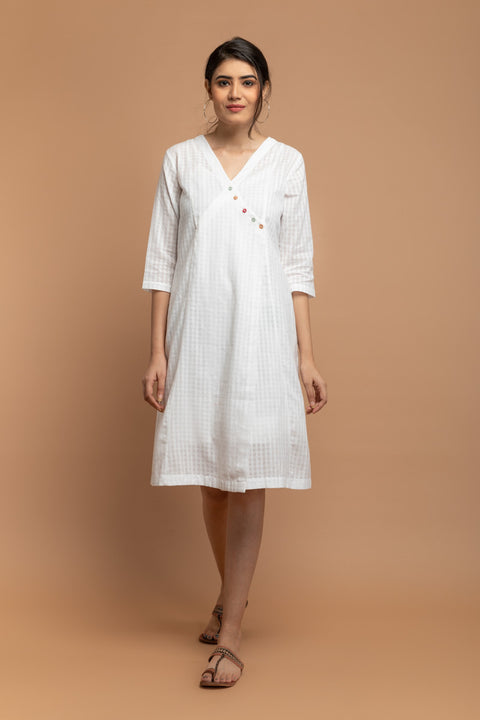 Shop Angarakha Overlap Dress in White Textured Cotton Dobby with Slip (Set of 2) | Vinusto