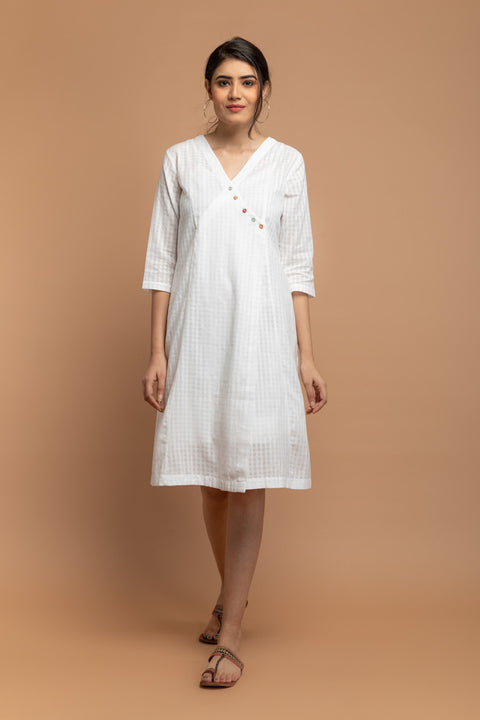 Angarakha Overlap Dress in White Textured Cotton Dobby with a Slip (Set of 2)