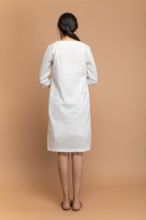 Handcraft Angarakha Overlap Dress in White Textured Cotton Dobby with Slip (Set of 2) | Vinusto
