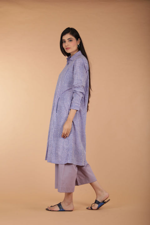 Blue Pinstripe Shirt Kurta in Hand Block Printed Cotton