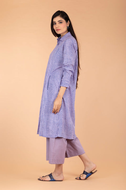 Buy Pinstripe Kurta Shirt in Blue Hand Block Print with Lilac Palazzo – Set of 2 | Vinusto

