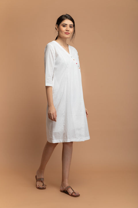 Angarakha Overlap Dress in White Textured Cotton Dobby with a Slip (Set of 2)