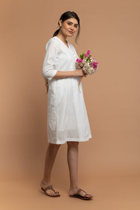 Buy Angarakha Overlap Dress in White Textured Cotton Dobby with Slip (Set of 2) | Vinusto