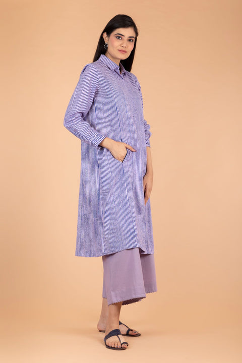 Pinstripe Kurta Shirt in Blue Hand Block Print with Lilac Palazzo in Cotton (Set of 2)