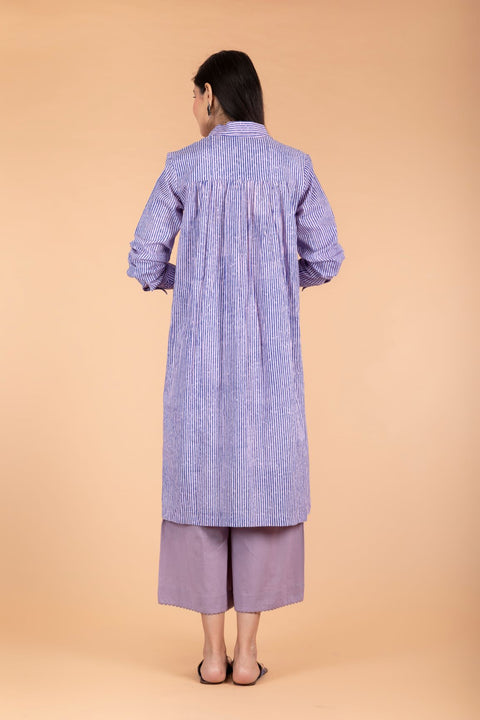 Premium Pinstripe Kurta Shirt in Blue Hand Block Print with Lilac Palazzo – Set of 2 | Vinusto

