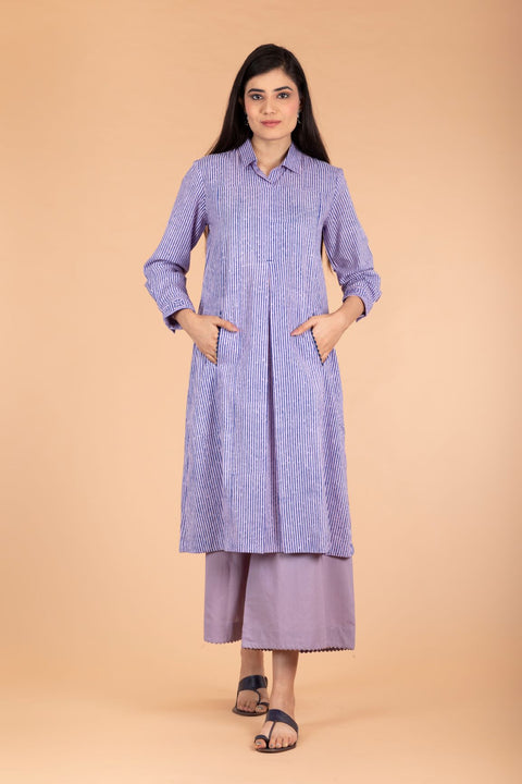 Shop Pinstripe Kurta Shirt in Blue Hand Block Print with Lilac Palazzo – Set of 2 | Vinusto

