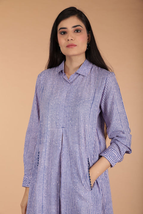 Blue Pinstripe Shirt Kurta in Hand Block Printed Cotton
