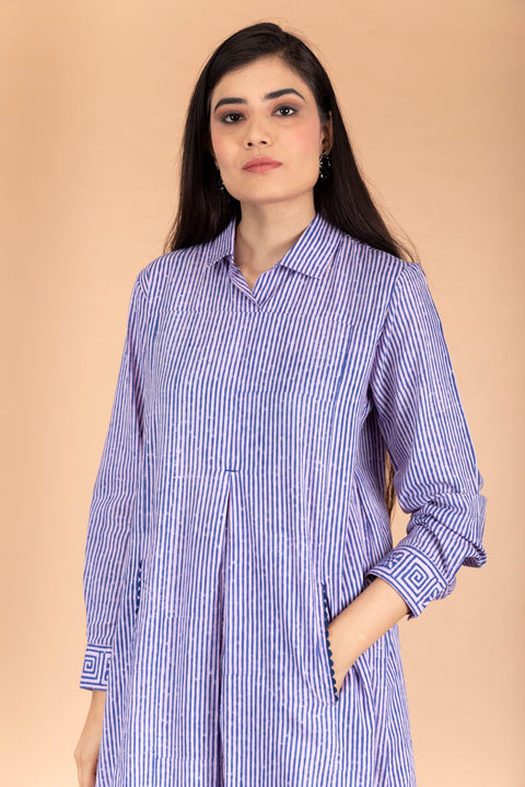 Luxury Pinstripe Kurta Shirt in Blue Hand Block Print with Lilac Palazzo – Set of 2 | Vinusto

