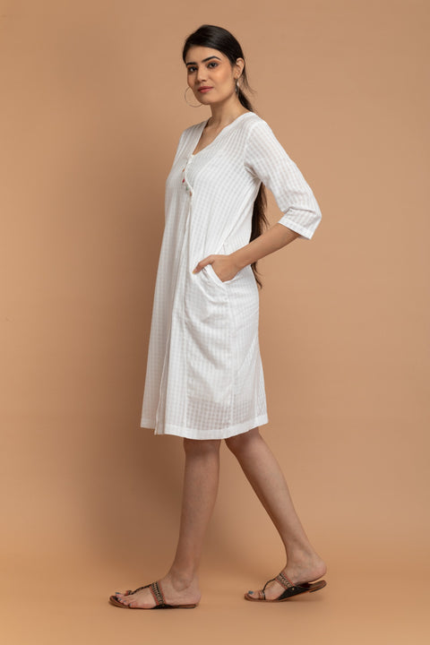 Premium Angarakha Overlap Dress in White Textured Cotton Dobby with Slip (Set of 2) | Vinusto