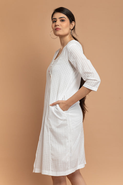 Luxury Angarakha Overlap Dress in White Textured Cotton Dobby with Slip (Set of 2) | Vinusto