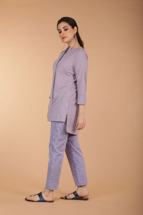 Order Textured Cotton Short Kurta in Lilac with Hand Block Printed Pinstripe Cotton Pants (Set of 2) | Vinusto