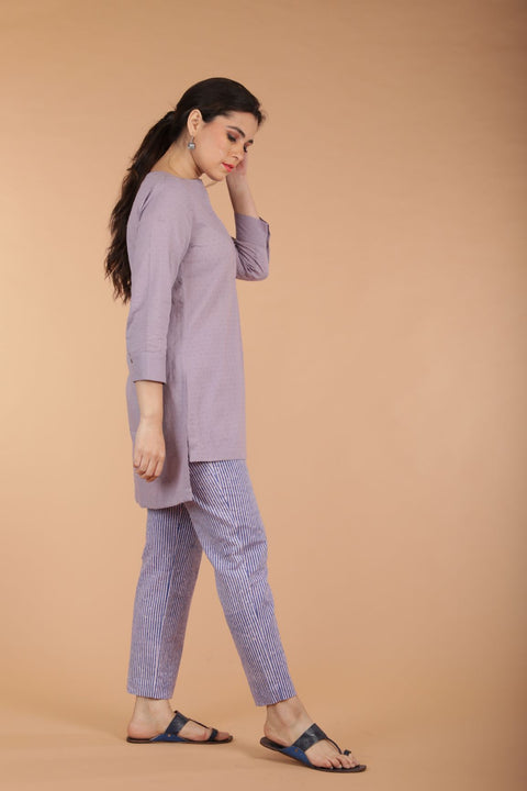 Buy Textured Cotton Short Kurta in Lilac with Hand Block Printed Pinstripe Cotton Pants (Set of 2) | Vinusto