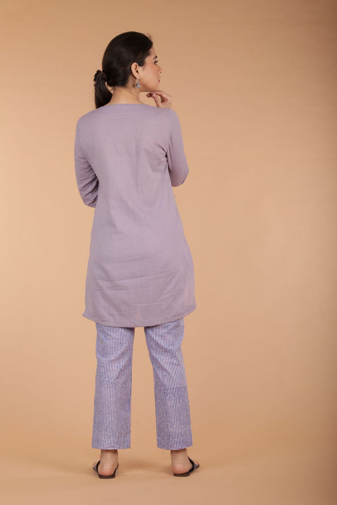 Premium Textured Cotton Short Kurta in Lilac with Hand Block Printed Pinstripe Cotton Pants (Set of 2) | Vinusto