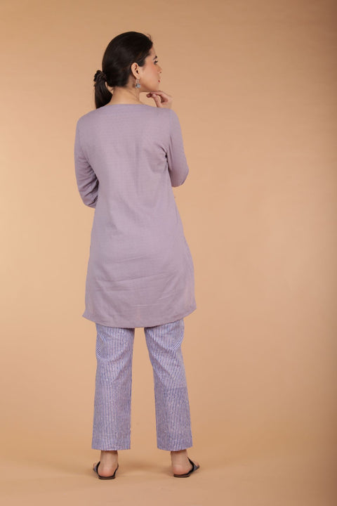 Coordinate Set- Textured Cotton Short Kurta in Lilac,  Hand Block Printed Pinstripe Cotton Pants (Set of 2)