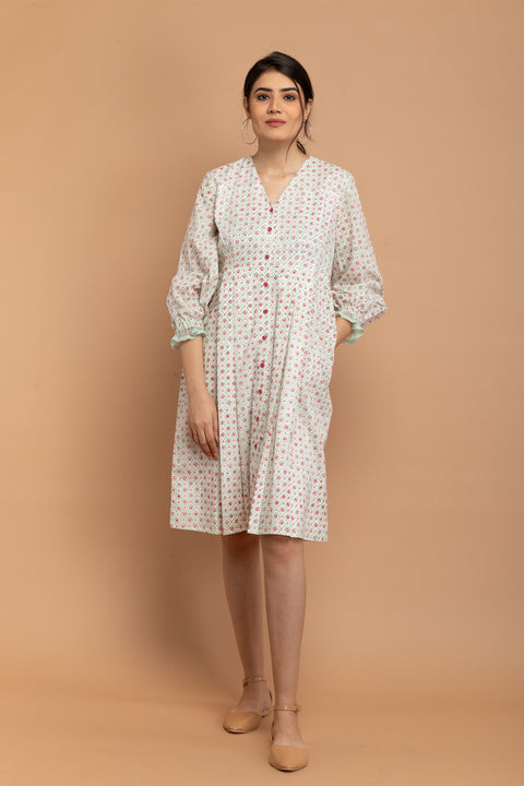 Shop Hand Block Printed Bodycon Dress in White Cotton | Vinusto