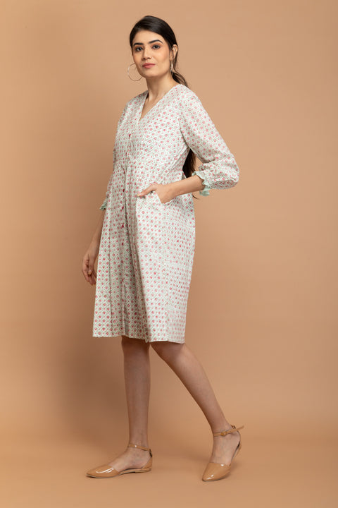 Order Hand Block Printed Bodycon Dress in White Cotton | Vinusto