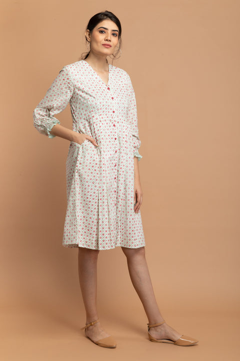 Luxury Hand Block Printed Bodycon Dress in White Cotton | Vinusto