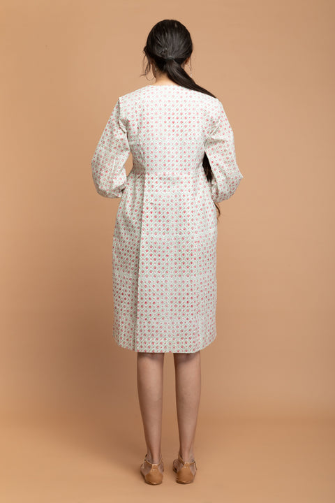 Handcraft Hand Block Printed Bodycon Dress in White Cotton | Vinusto