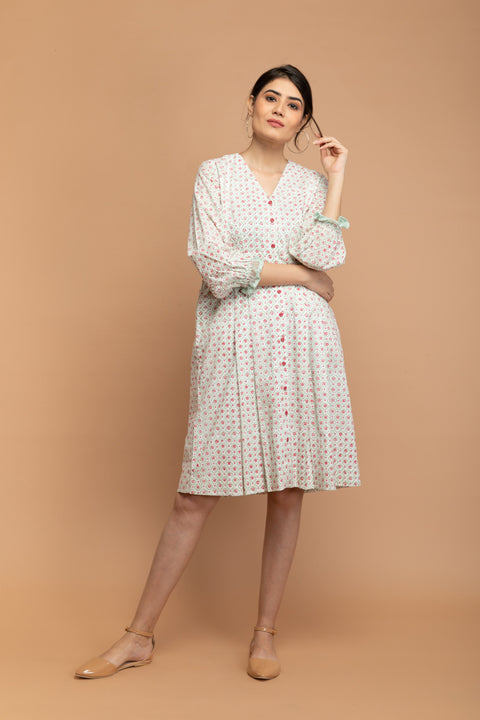 Buy Hand Block Printed Bodycon Dress in White Cotton | Vinusto