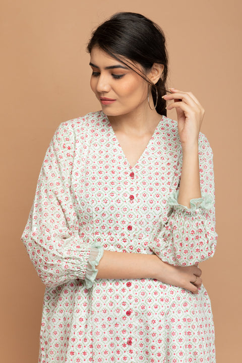 Premium Hand Block Printed Bodycon Dress in White Cotton | Vinusto