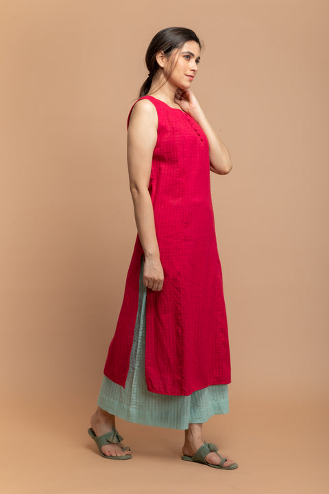 Luxury Hot Pink Textured Cotton Kurta with Mint Green Cotton Palazzo Set of 2 | Vinusto

