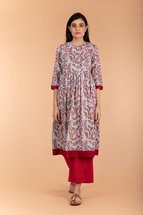 Anarkali Kurta in Lilac Hand Block Print with Red Palazzo in Cotton (Set of 2)