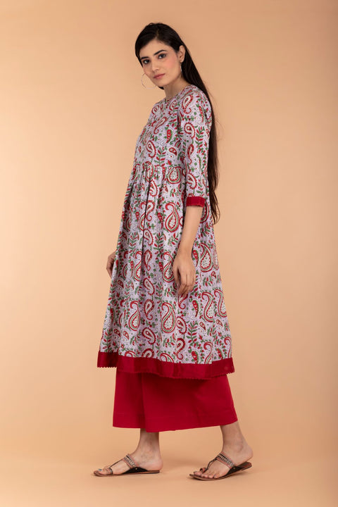 Order Anarkali Kurta in Lilac Hand Block Print & Red Palazzo – Set of 2 | Vinusto

