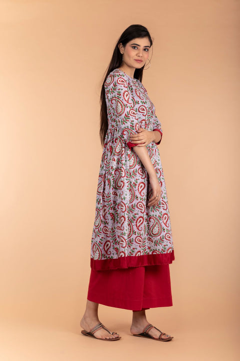 Buy Anarkali Kurta in Lilac Hand Block Print & Red Palazzo – Set of 2 | Vinusto

