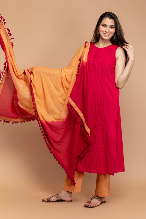 Shop Hot Pink Kurta in Textured Cotton with Tangerine Orange Cotton Pants & Ombre Dupatta (Set of 3) - By Vinusto
