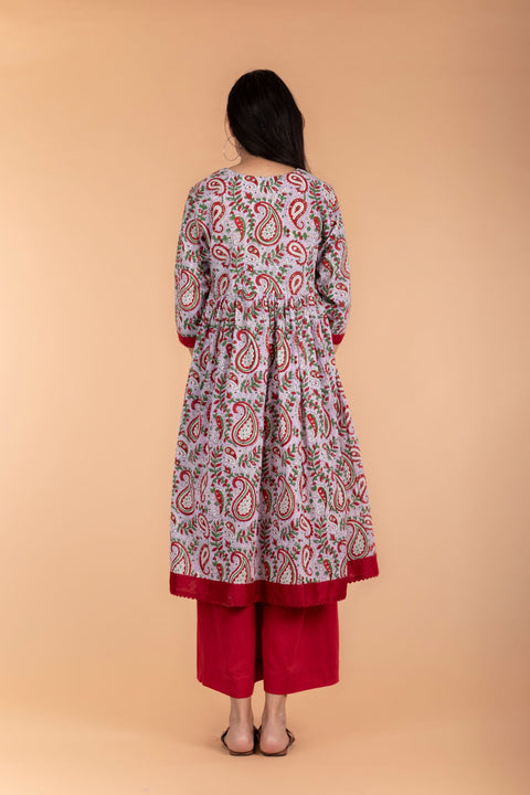 Anarkali Kurta in Lilac Hand Block Print with Red Palazzo in Cotton (Set of 2)