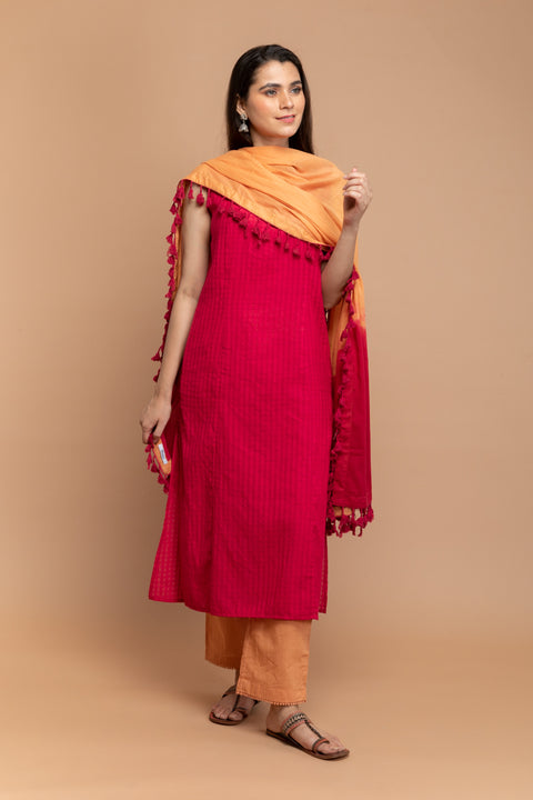 Buy Hot Pink Kurta in Textured Cotton with Tangerine Orange Cotton Pants & Ombre Dupatta (Set of 3) - By Vinusto
