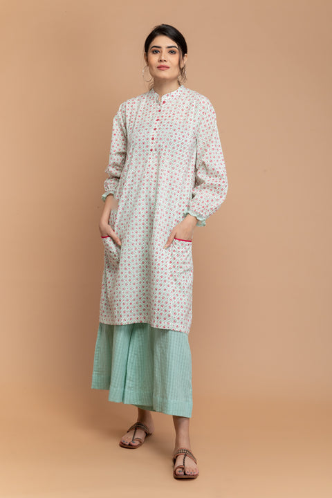 Shop A-line Kalidar Kurta with Pockets in Hand Block Printed Cotton & Mint Green Palazzo (Set of 2) - By Vinusto