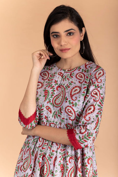 Luxury Anarkali Kurta in Lilac Hand Block Print & Red Palazzo – Set of 2 | Vinusto

