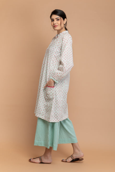 Order A-line Kalidar Kurta with Pockets in Hand Block Printed Cotton & Mint Green Palazzo (Set of 2) - By Vinusto