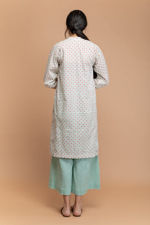Luxury A-line Kalidar Kurta with Pockets in Hand Block Printed Cotton & Mint Green Palazzo (Set of 2) - By Vinusto