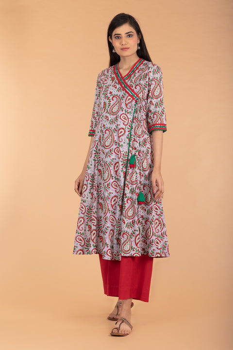 Flared Angarakha Kurta in Lilac Hand Block Print Cotton