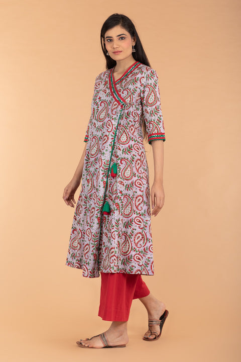 Flared Angarakha Kurta in Lilac Hand Block Print Cotton