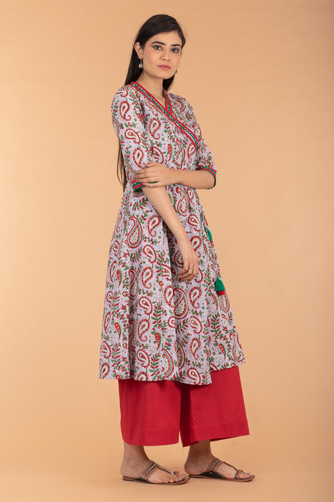 Flared Angarakha Kurta in Lilac Hand Block Print Cotton