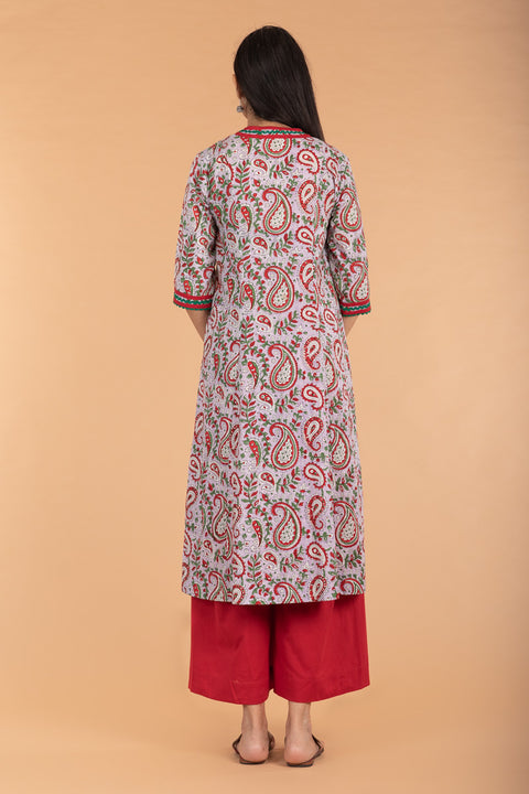 Flared Angarakha Kurta in Lilac Hand Block Print Cotton