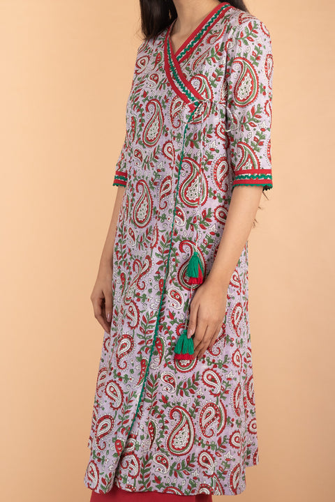 Flared Angarakha Kurta in Lilac Hand Block Print Cotton