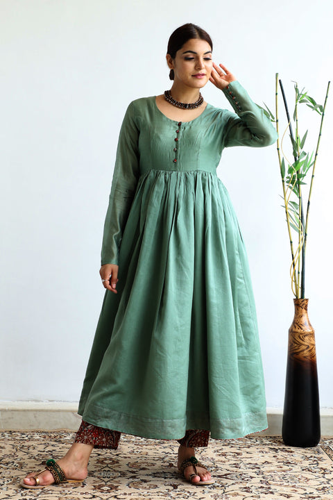 Shop Chanderi Anarkali Dress in Sage Green – Elegant & Stylish

