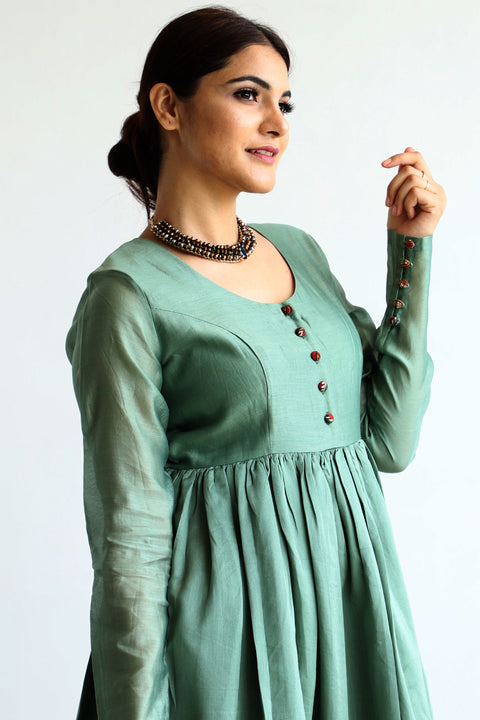 Buy Chanderi Anarkali Dress in Sage Green – Elegant & Stylish

