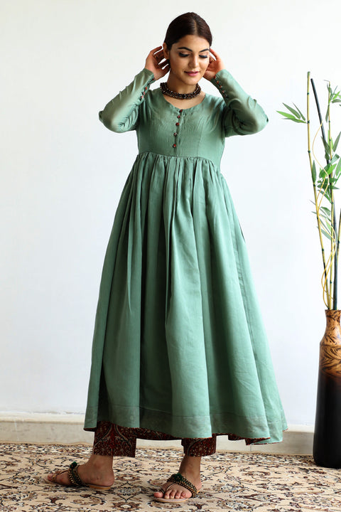 Luxury Chanderi Anarkali Dress in Sage Green – Elegant & Stylish

