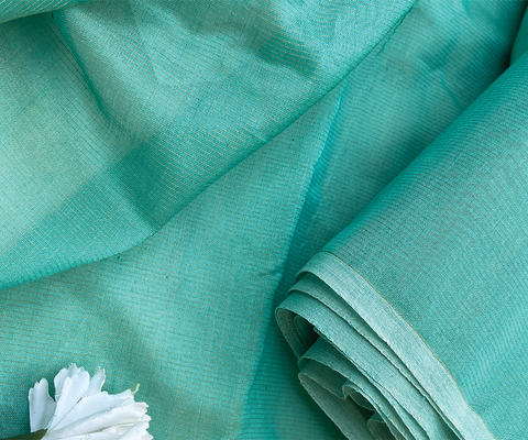 Handwoven Chanderi Fabric in Aqua Green with Gold Zari Stripes