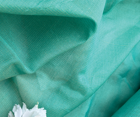 Authentic  Handwoven Chanderi Fabric In Aqua Green With Gold Zari Stripes - By Vinusto