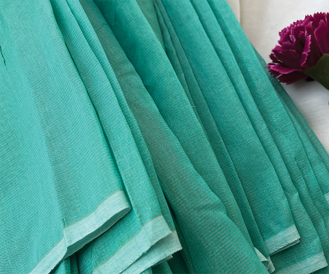 Best Handwoven Chanderi Fabric In Aqua Green With Gold Zari Stripes - By Vinusto