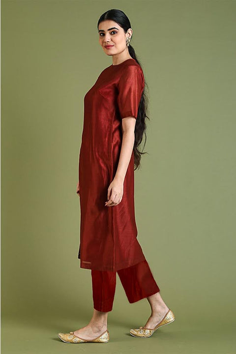 Buy Chanderi High Slit Kurta with Cotton Pants in Rust - Set of 2 | Vinusto

