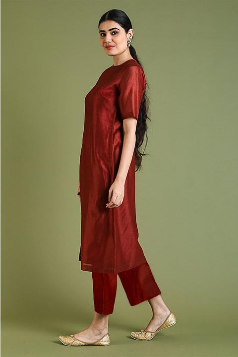 Chanderi Handloom High Slit Kurta with Cotton Pants in Rust (Set of 2)